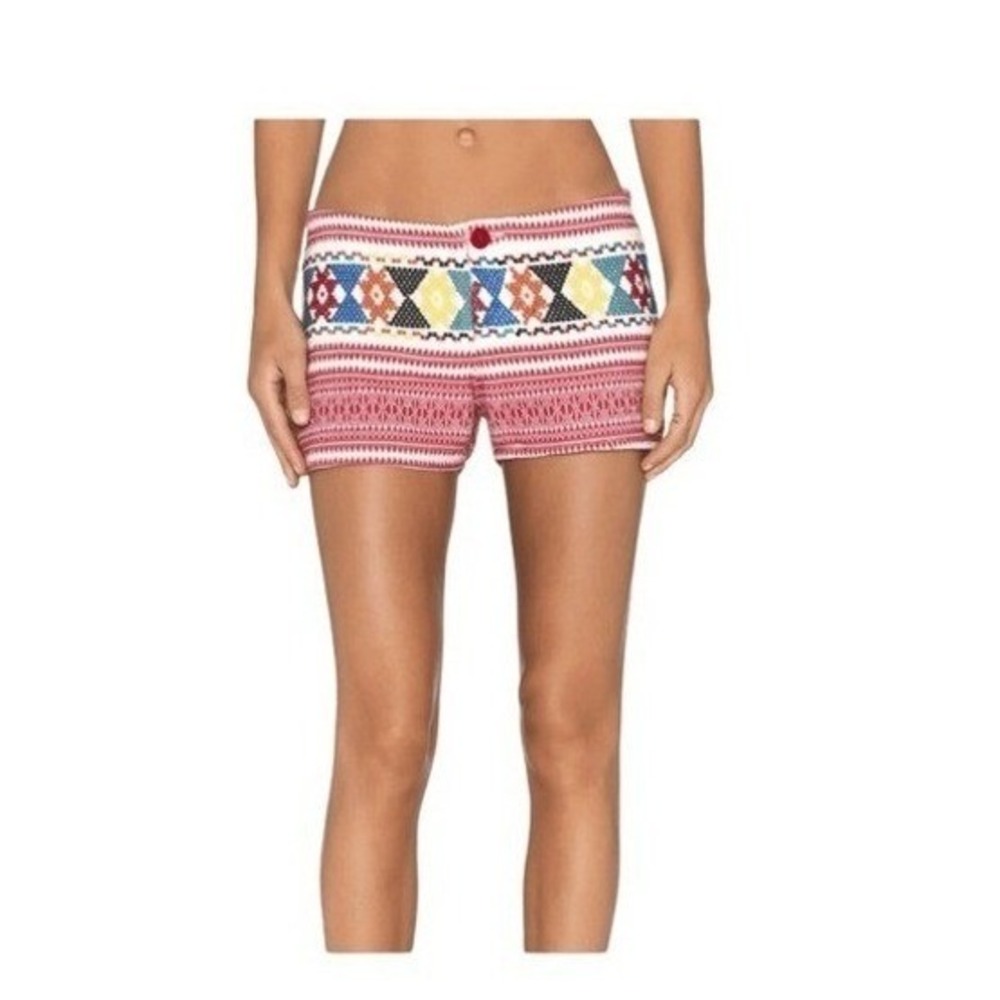 Tigerlily Embroidered Uluaki Shorts Red White Blue Yellow Weave Knit Mid-Rise 4